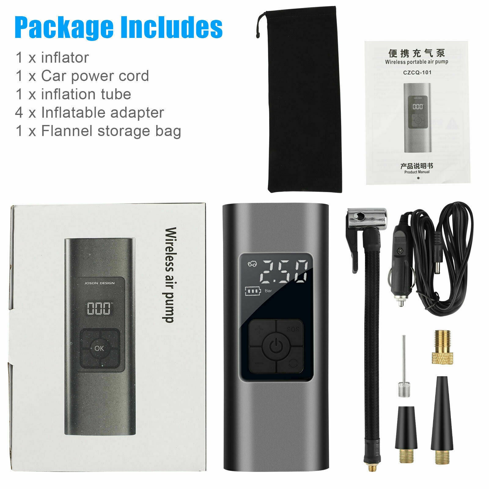 140PSI Car Rechargeable Air Pump Wireless Electric Tire Inflator w/LED display