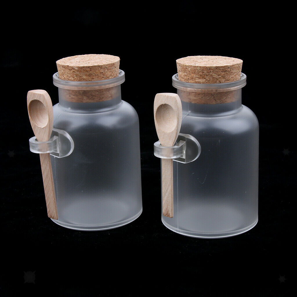 2 Pcs Bath Salt Bottle Wood Spoon Round Cosmetic Cork Jar Container 200g