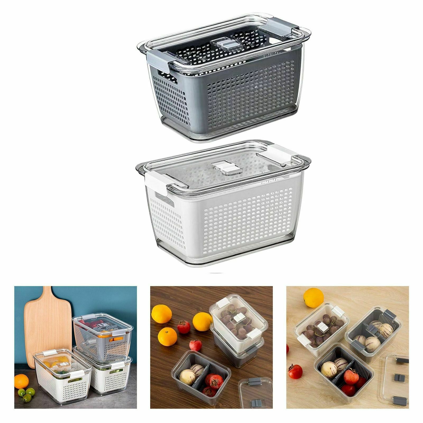 2x Fruit  Storage Containers Fridge Storage Boxes for Fridge White Medium
