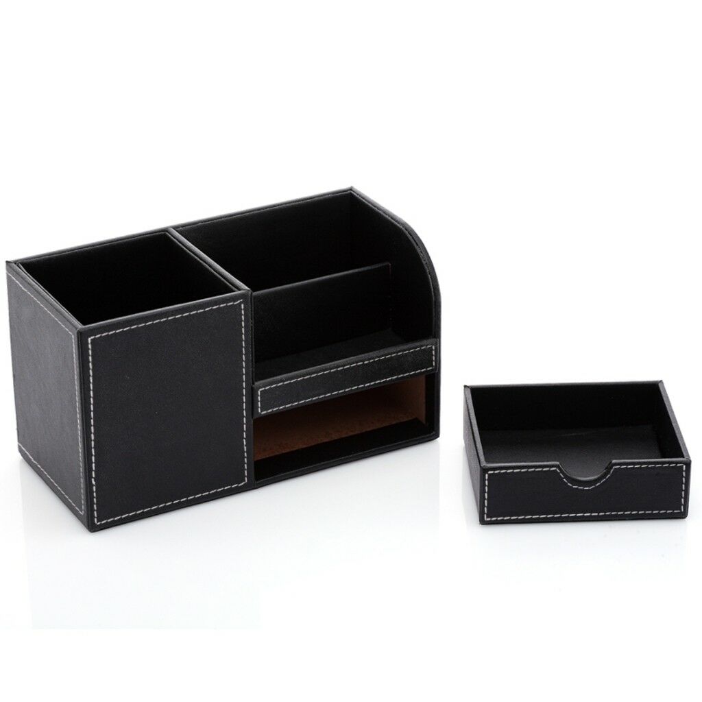 Office Storage Box Leather Stationery Organizer Pens Holder Box Black
