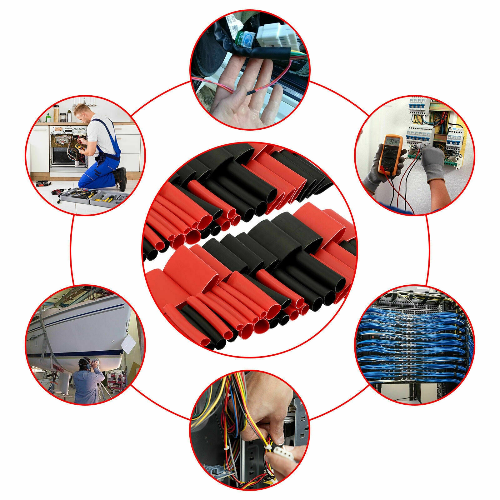 45PCS 3:1 Dual Wall Heat Shrink Tubing Marine Adhesive Glue Lined Black&Red