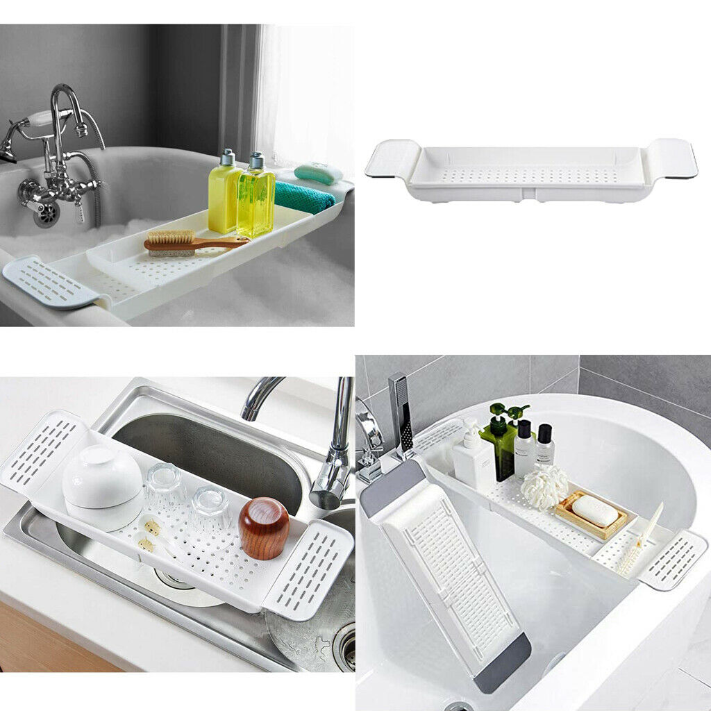 Plastic White Telescopic Bath Tray Rack Shelf