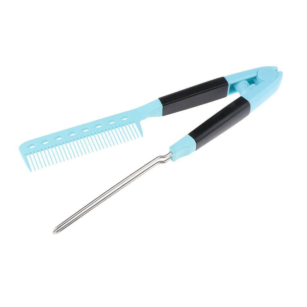 Hairdressing Straightener Hair Straighten Brush Pocket Comb Clamp Light Blue