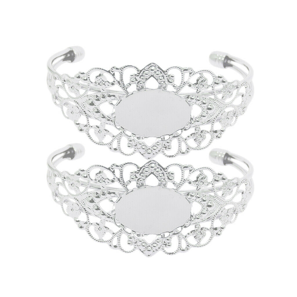 2 Pcs Filigree Flower Adjustable Bangle Blank Bezel Base Settings Bracelet