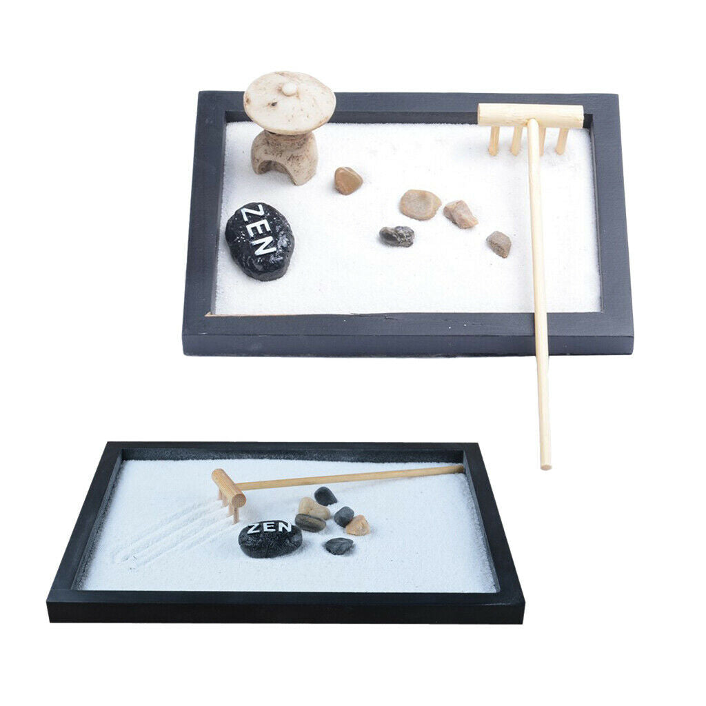 2pcs Zen Garden Sand Tray Mini Tower Stone Pebbles Rake Home Room Ornament