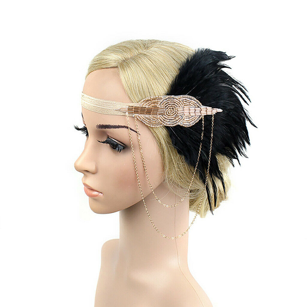 Feather Tassel Beads Flapper Headband 1920s Charleston Headpiece Champagne 2