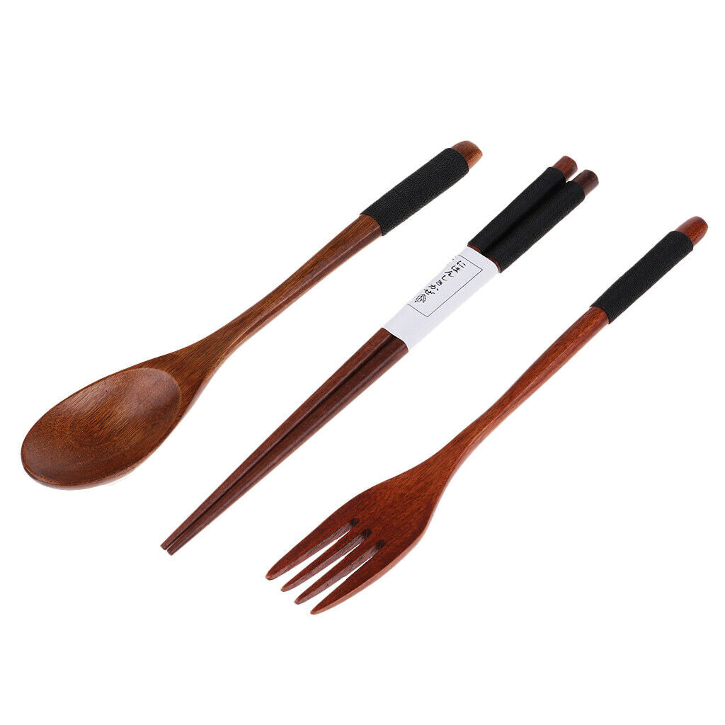 Portable Travel Camping Compact Utensil Set Wood Spoon Fork Chopstick Black