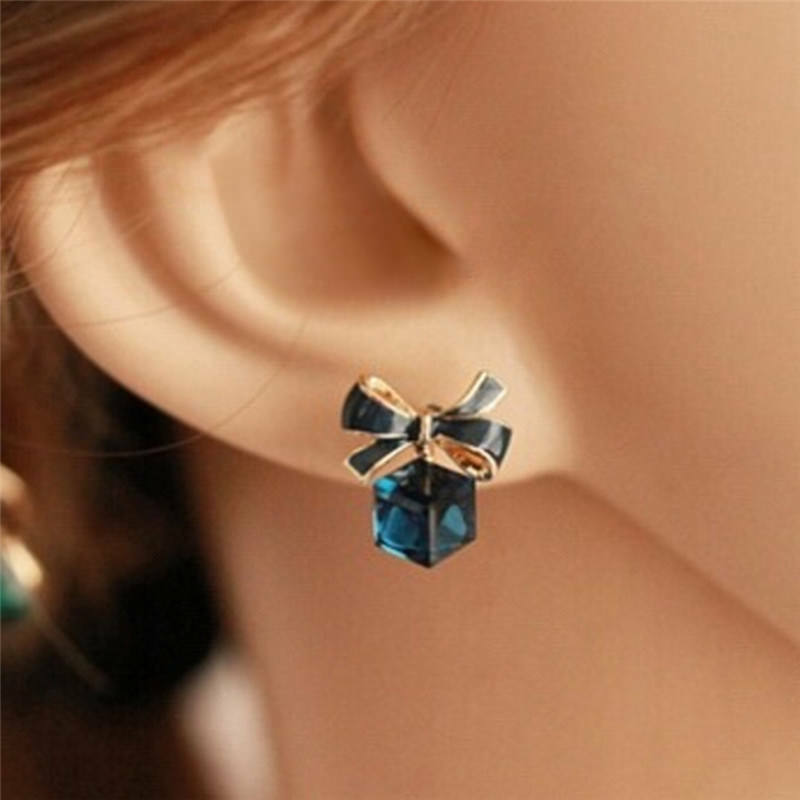 Blue Crystal Rhinestone Enamel Bow Ear Stud Bowknot Earrings Women Jewelry  L Pb