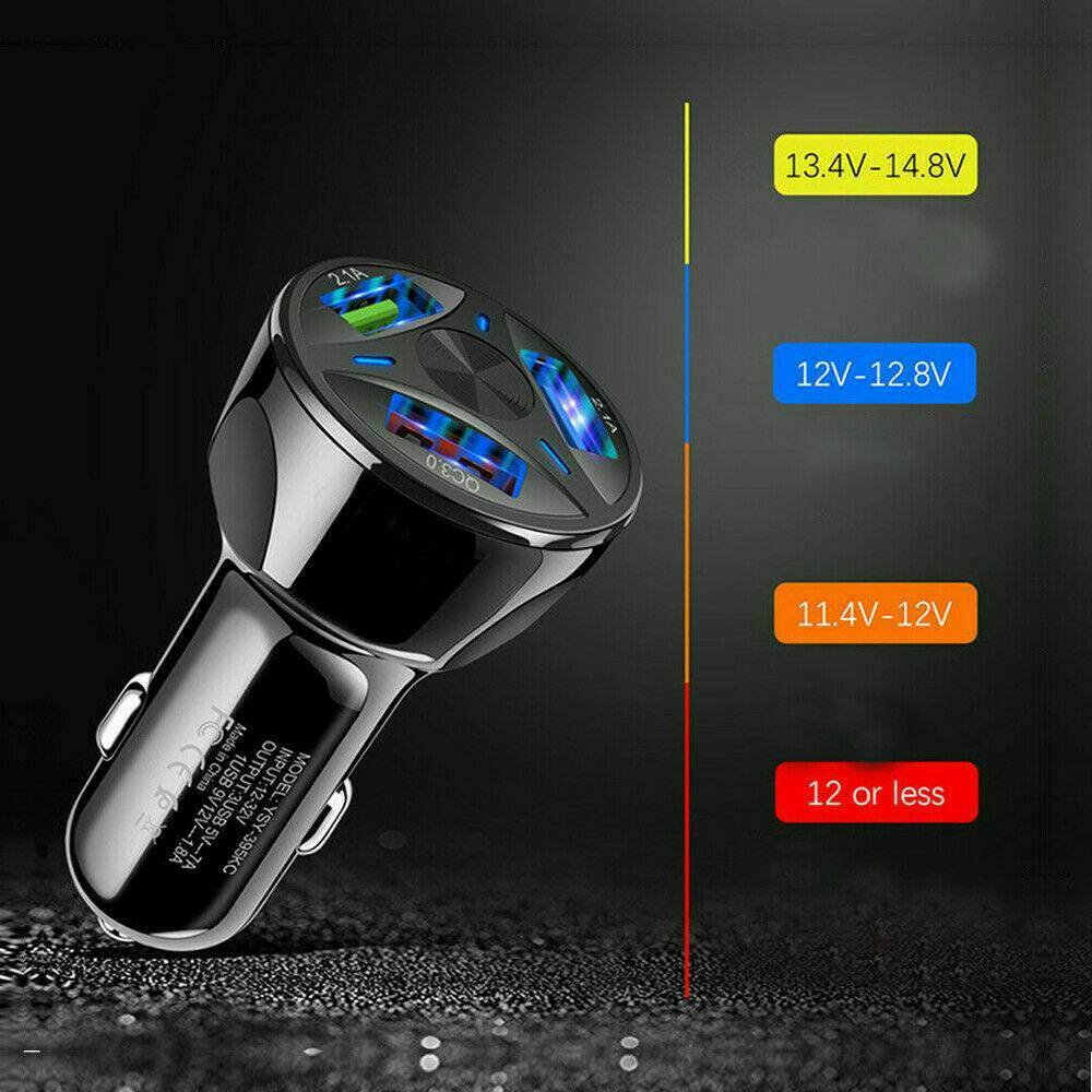 3-Port USB Car Charger Adapter LED Display Q 3.0 Fast Charging Accessories Black