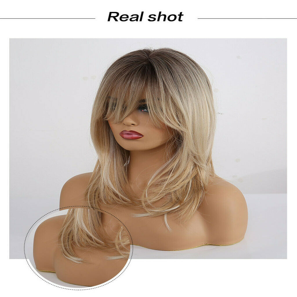 20inch Medium Length Straight Layered Side Part Wig with Inclined Bangs, Natural