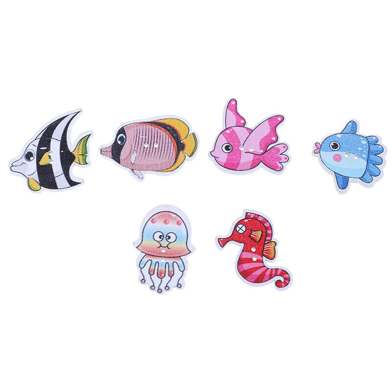 50PCs Wooden Buttons Colorful Mixed Fish Scrapbook Sewing Accessories DIY.l8