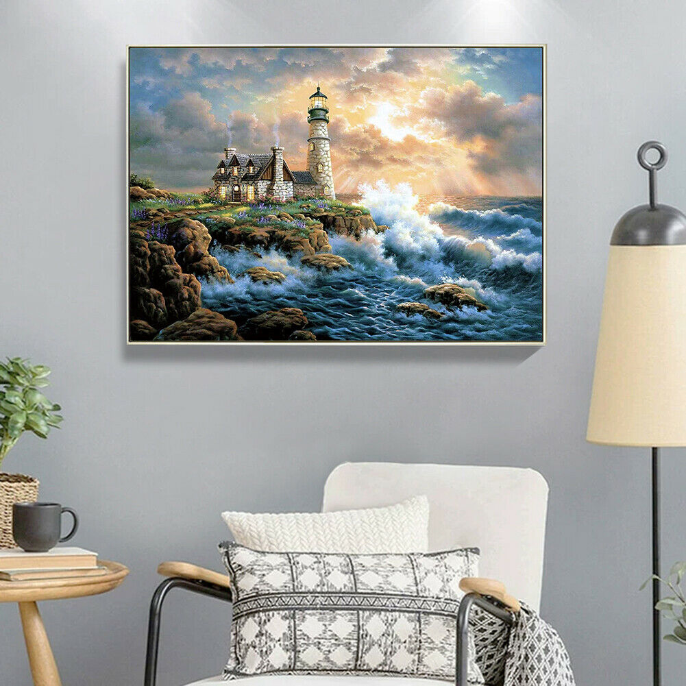 5D DIY Full Drill Diamond Painting Beach Lighthouse Rhinestone Pictures Kit @