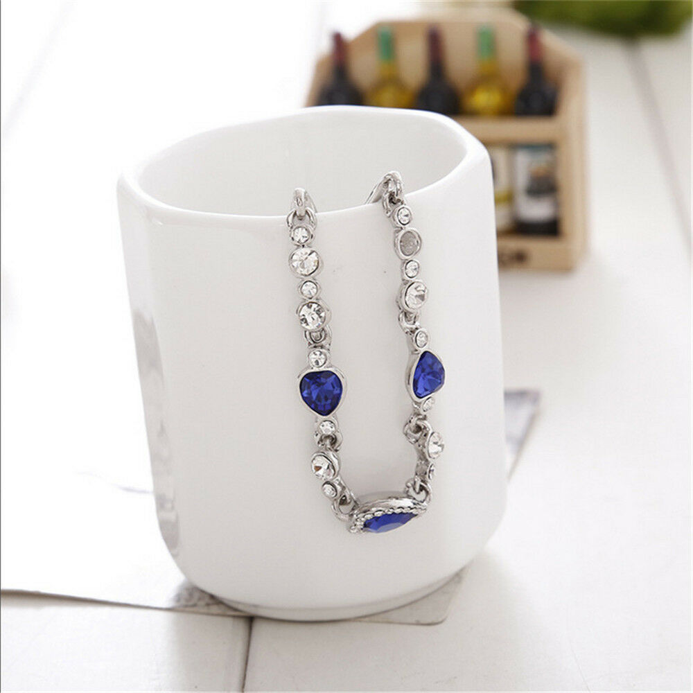 Fine Fashion Women Blue Crystal Rhinestone Heart Charm Bangle Bracelet Gift