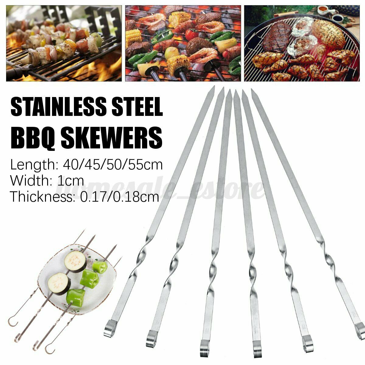 6PCS/SET Stainless Steel Wire BBQ Skewers Wood Handle Grill Roasting Stick