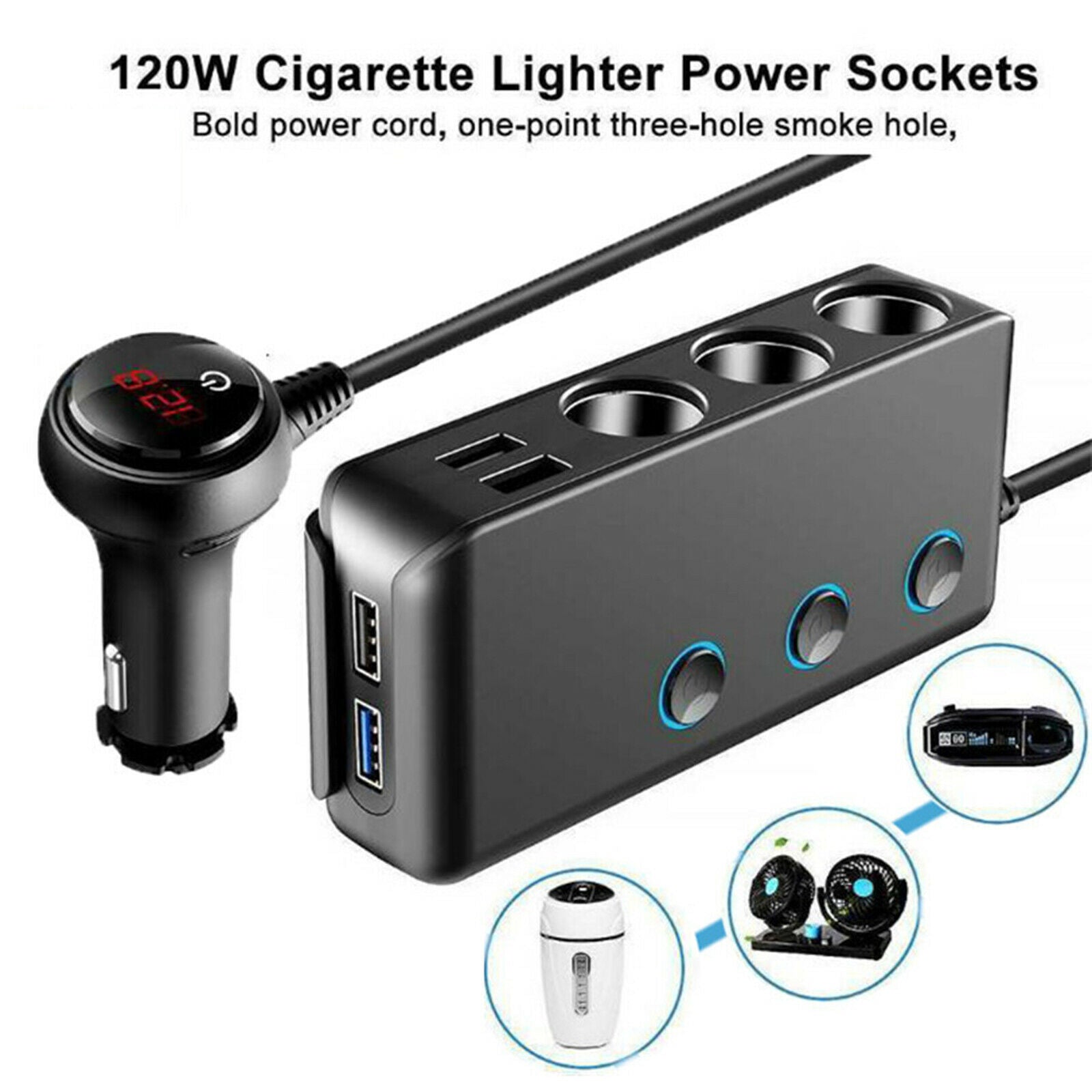 Car Charger Extension Cigarette Lighter Adapter 3-Socket Splitter Black