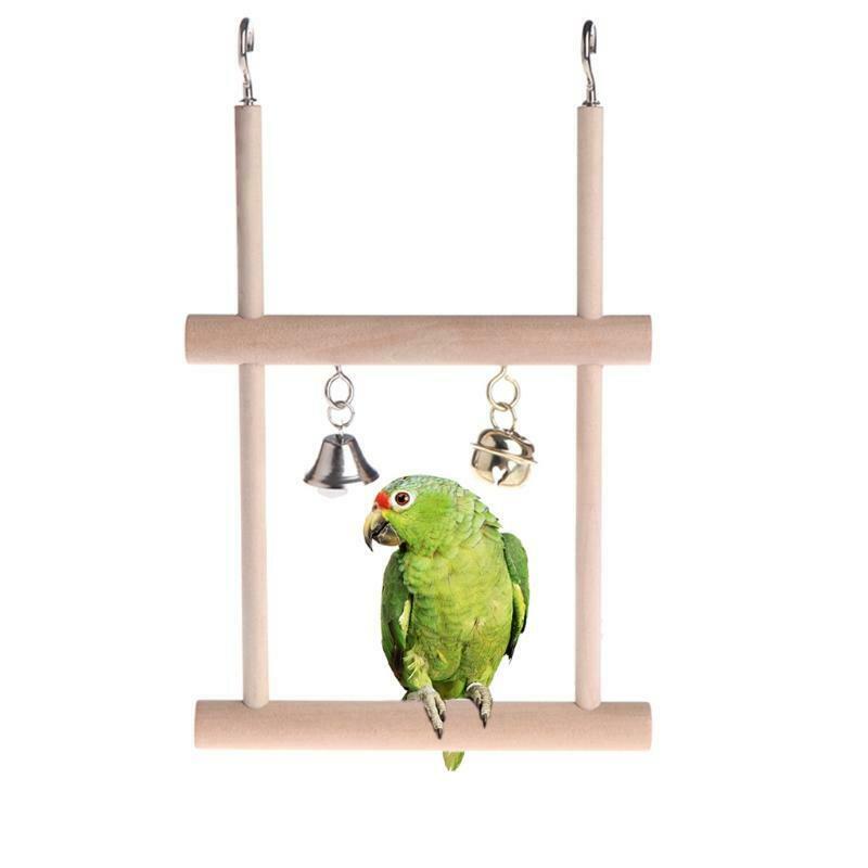 Birds Perch Parrot Toys Stand Holder Natural Wood Swing Bell Cage Hanging Ladder