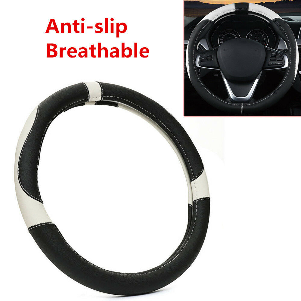 15'' 38cm PU Sport Leather Anti-Slip Car Steering Wheel Cover Black&White Pretty