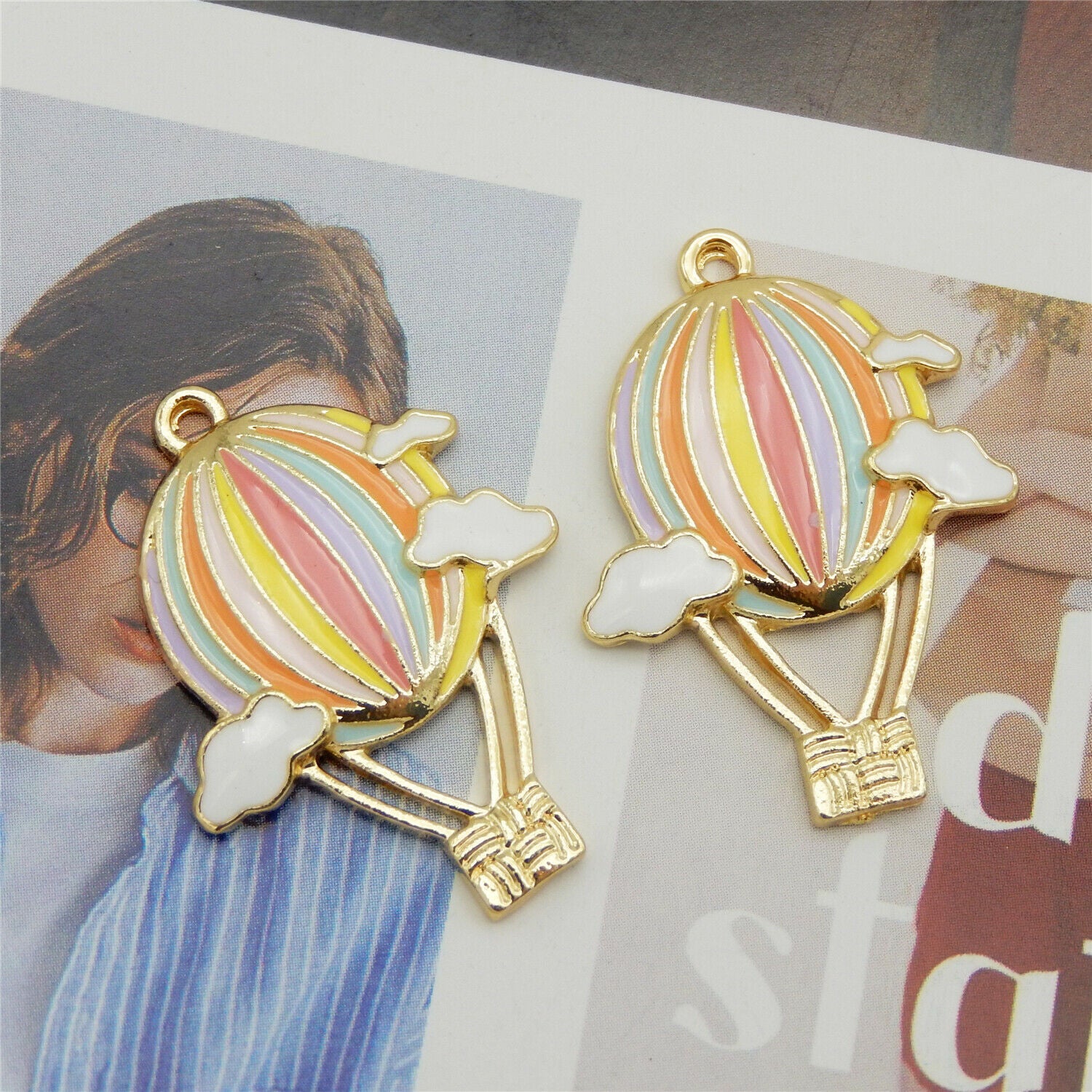 6 pcs Colorful Hot Air Balloon Charm Enamel Alloy Pendant Earring Dangle 31x23