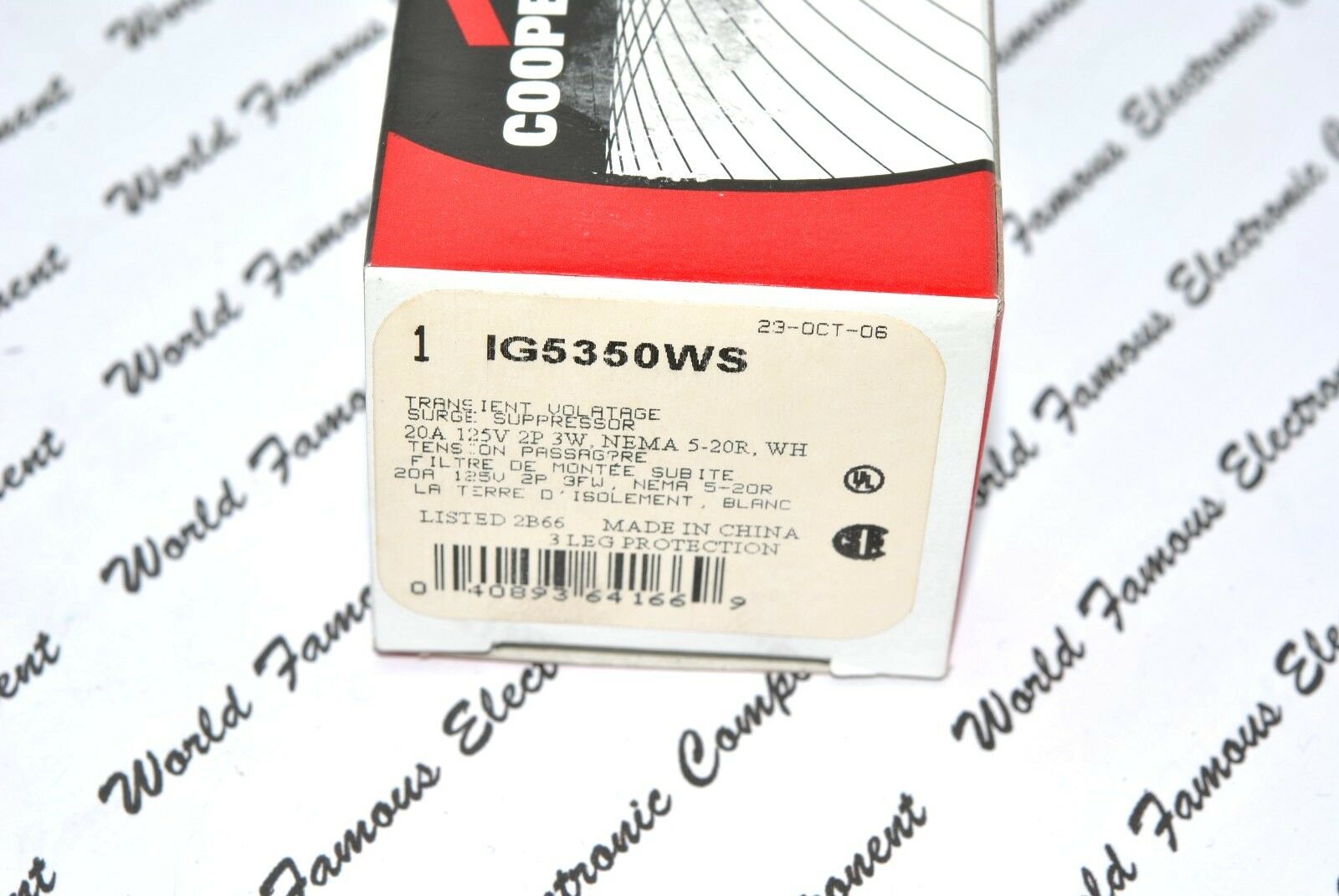 1pcs-COOPER IG5350WS Isolated Ground TVSS with LED Receptacle 20A-125V NEMA 5-20