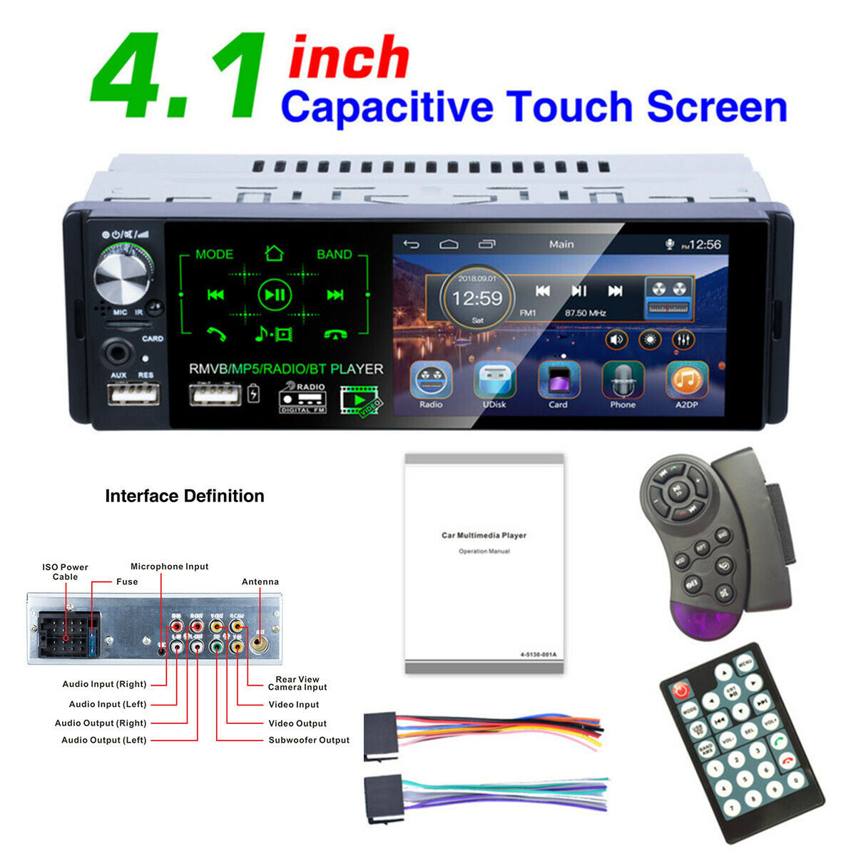 4.1'' 1DIN Stereo Radio Bluetooth FM Dual USB MP5 Player Steering Wheel Control