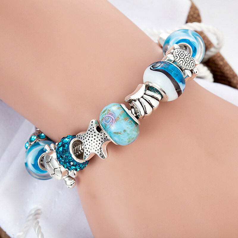 Ocean Shell Blue Crystal Beads Chain Bangle Bracelet Women Girl Charm JewelryBDA