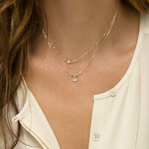 Women Multilayer Rhinestone U Shape Charm Golden Tone Chain Pendant Necklace New