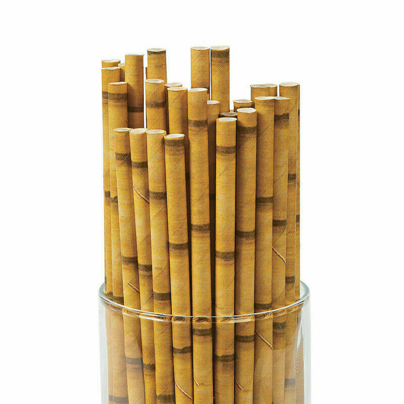 25pcs Paper Straws Bamboo Print Straws Hawaiian Jungle Tropical Bamboo Pr.l8