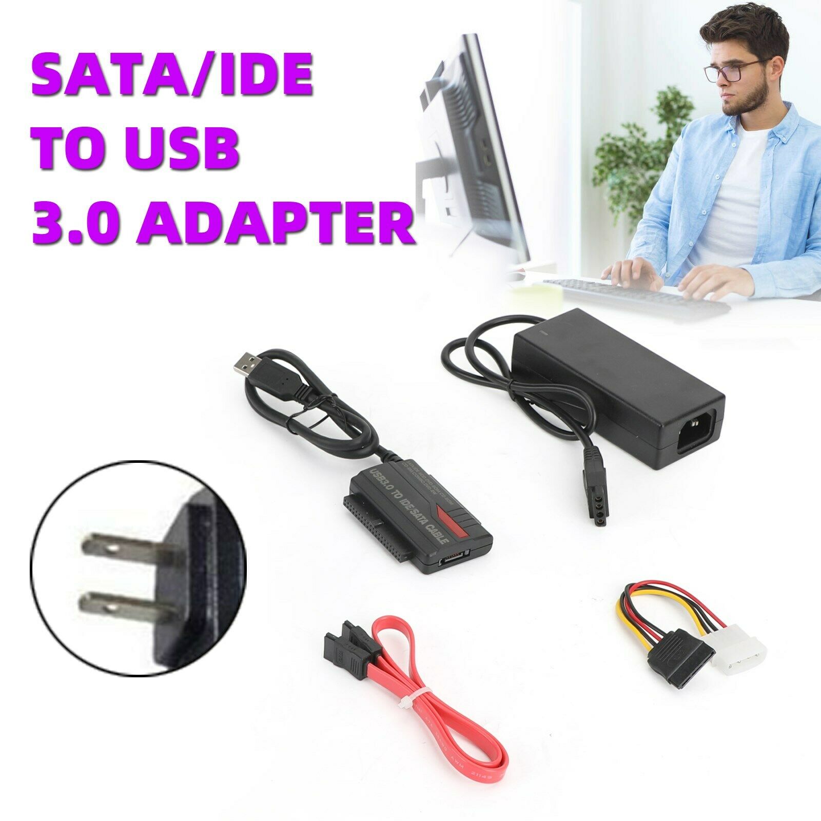 USB 3.0 USB 2.0 to SATA IDE 2.5" 3.5" HDD SSD Hard Drive Converter US Plug FP6