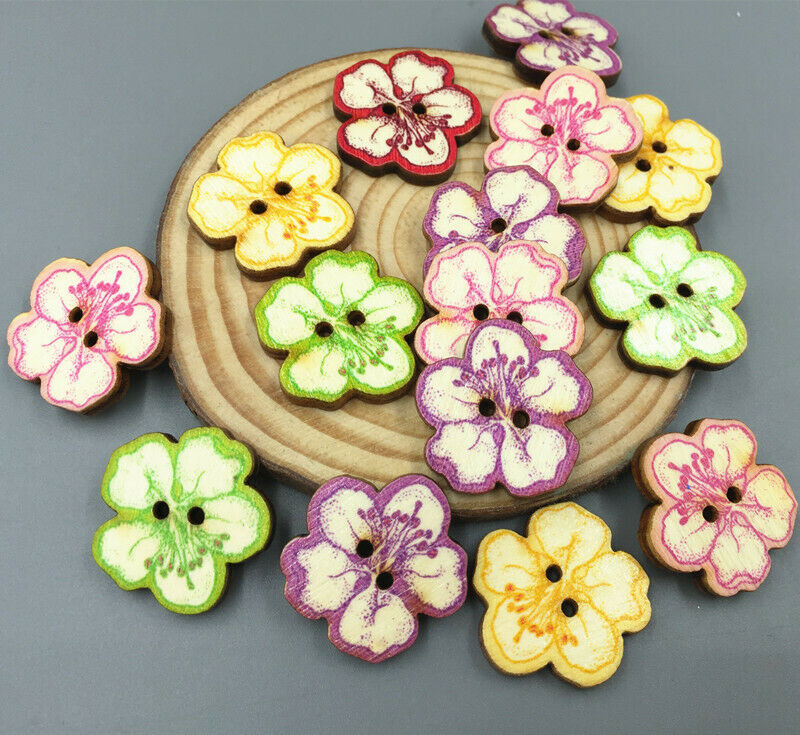 50X Wooden sewing buttons scrapbooking Cherry blossoms shape Embellishments 25mm