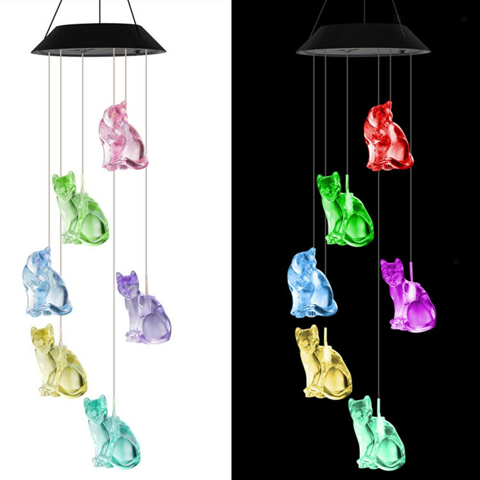 Hanging Romantic Cat Solar Powered Wind Chime Wind Bell LED Lamp Outdoor Lawn