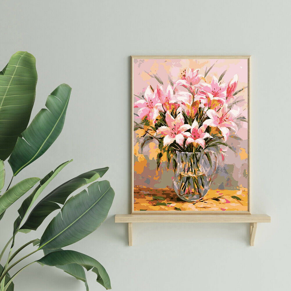 Painting By Numbers Kit DIY Lily Flower Hand Painted Canvas Oil Art Picture @