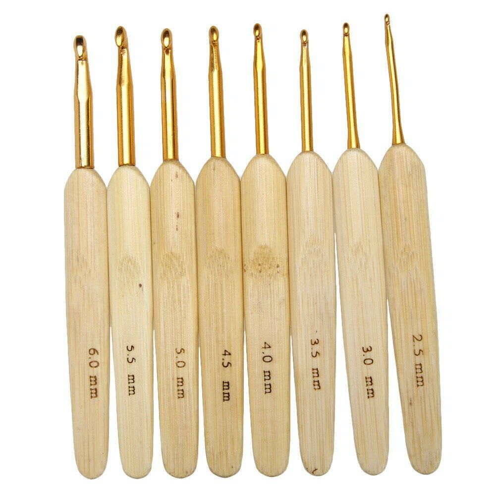 8pcs 8 sizes Bamboo handle Golden Aluminum Crochet Hooks Needles 2.5mm-6mm A#S