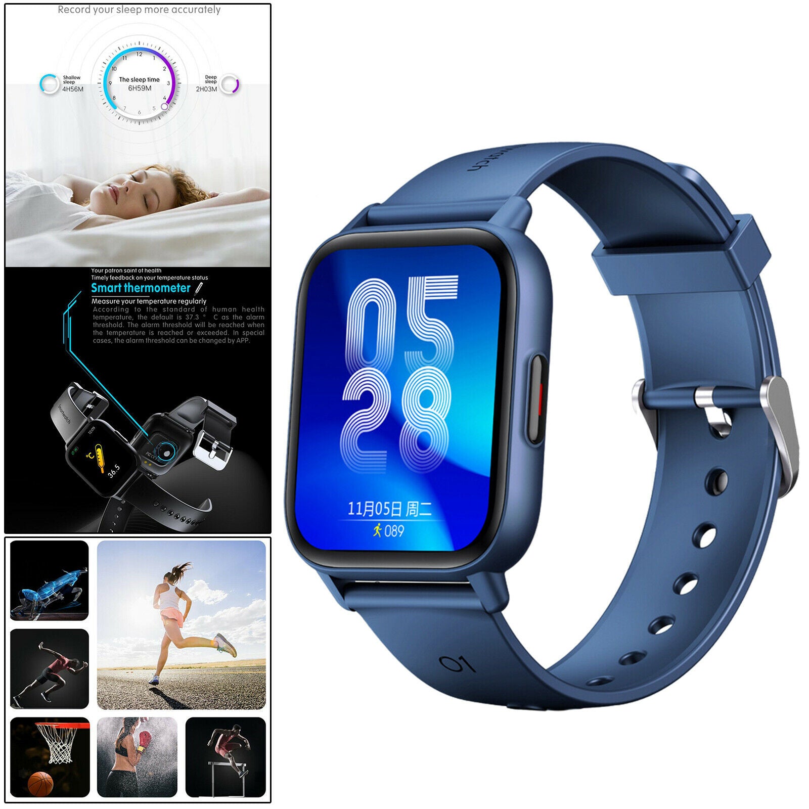 Sports Smart Watch Digital Rectangle Watches with Pedometer for Men blue