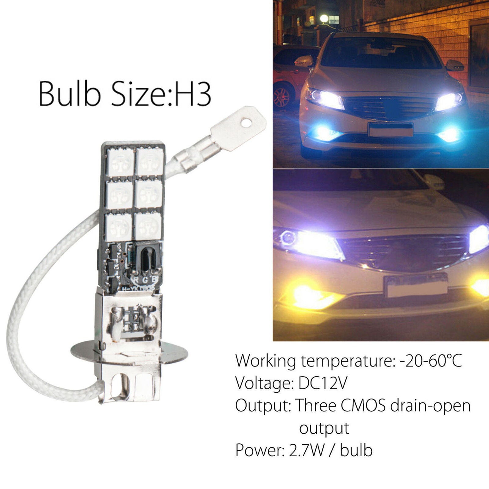 2x H3 5050 RGB LED 12SMD Auto Car Headlight Fog Light Lamp Bulb + Remote Control