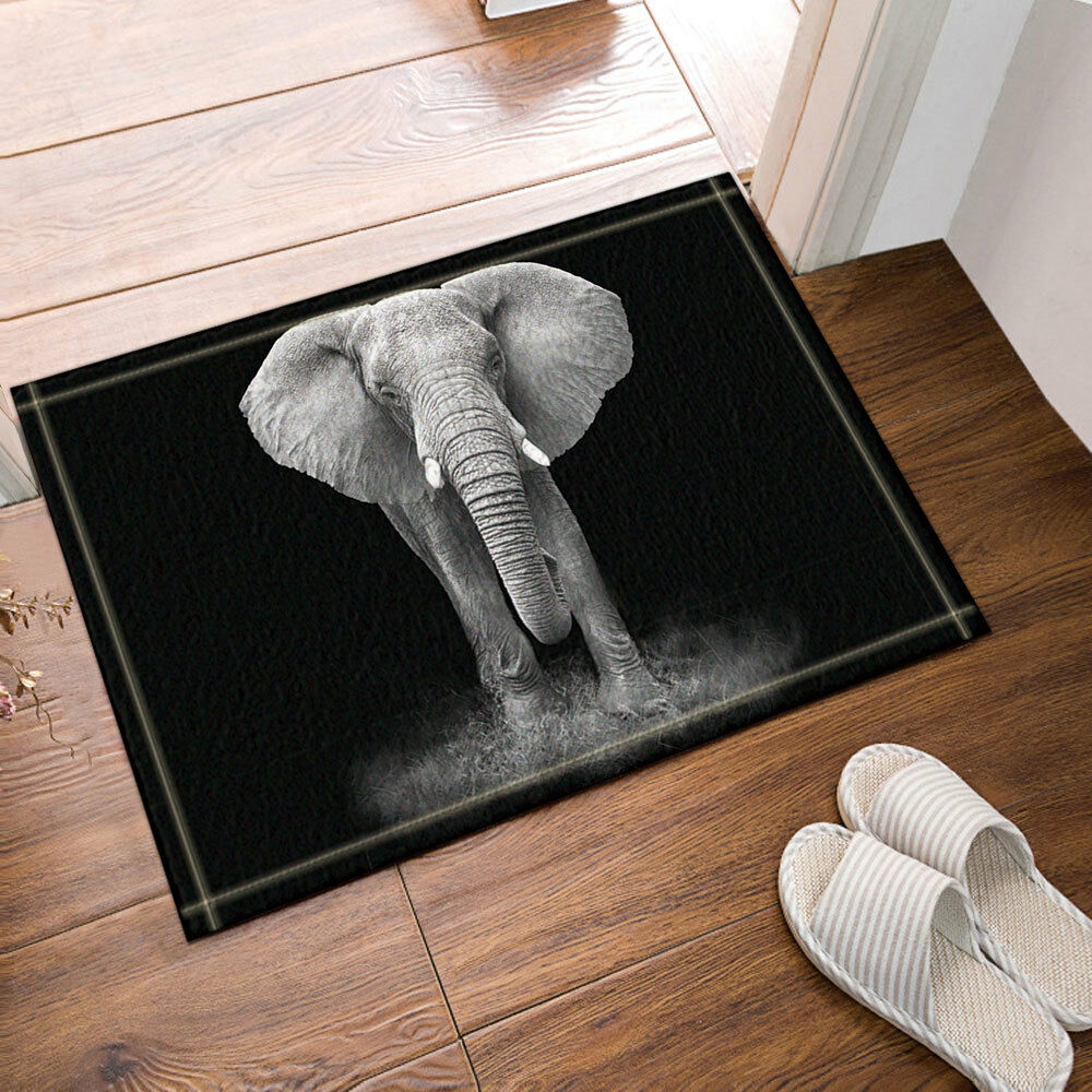 Elephant On Black Plush Bathroom Rug Non-Slip Floor Indoor Front Door Mat 16x24"