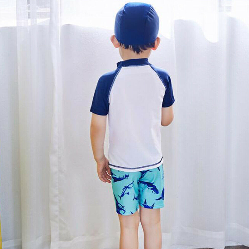 3pcs Kids Boy Swimwear Swimsuit Bathing Suit T-Shirt+Shorts+Cap Swimming Outfit