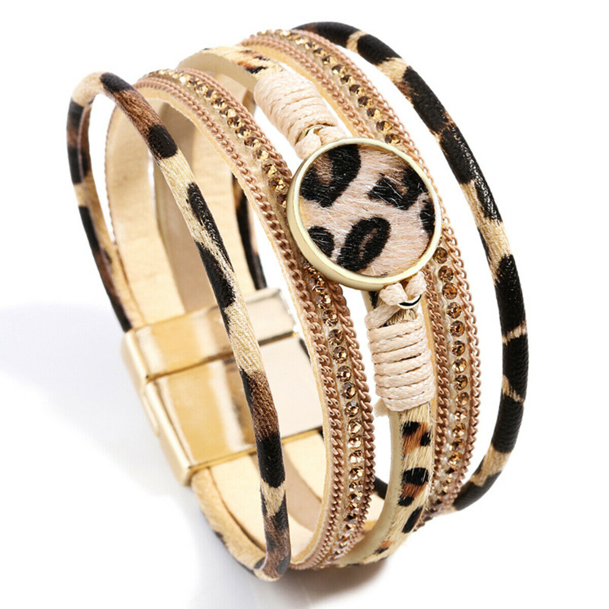 Unisex Animal Leopard Print Bracelet Wrap Multilay Magnetic Clasp Bangle Jewelry