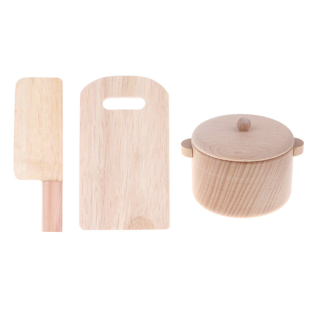 Pretend Play Wooden Chopping Board Cutter Saucepan Kitchenware Child Fancy