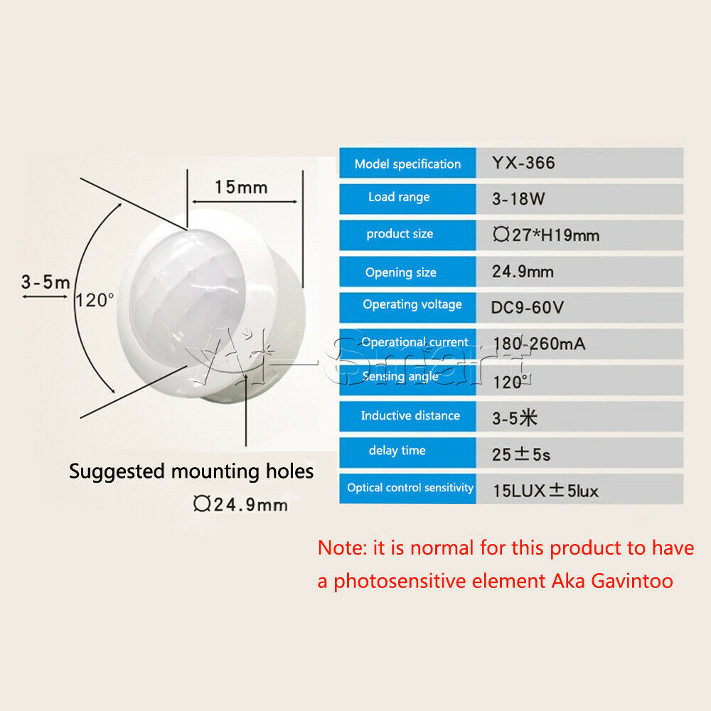 Human Body Infrared Sensor Switch Wiring Ceiling Lamp DC 9V-60V 18W