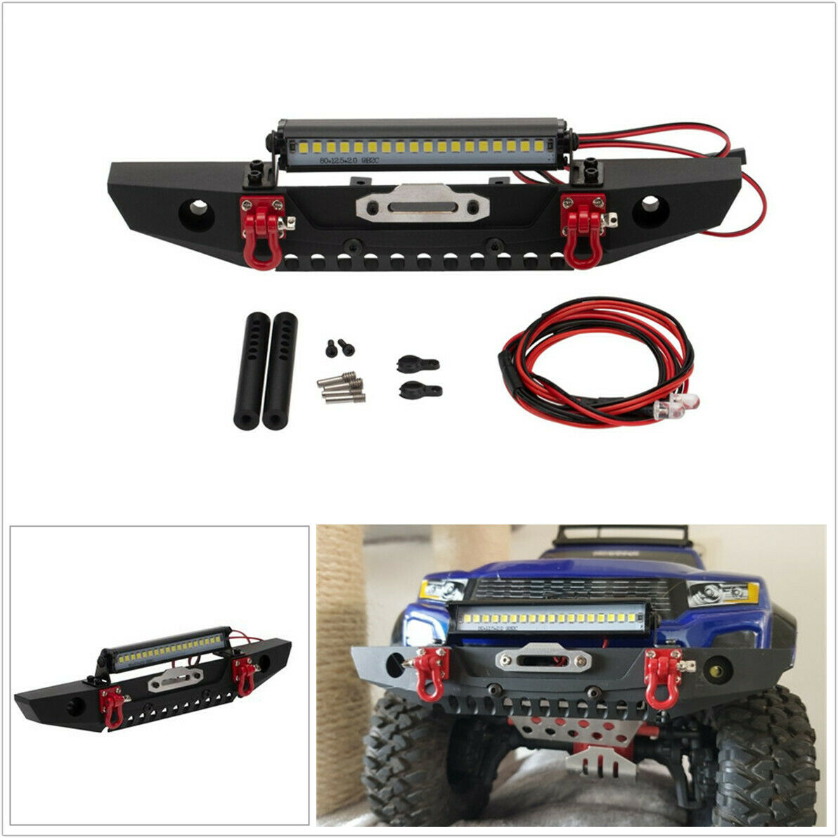 Metal Front Bumper with LED Light For 1/10 RC TRX4 Axial SCX10 & SCX10 II 90046
