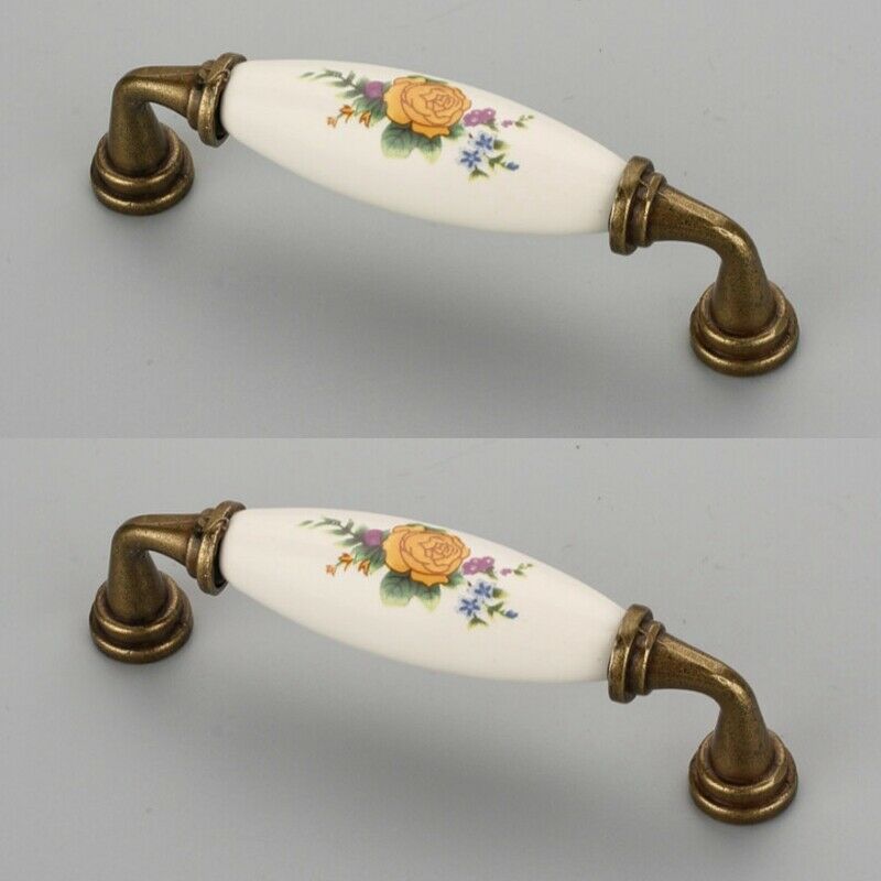 2X Ceramic Yellow Flower Drawer Handle Cabinet Cupboard Wardrobe Kitchen Retro