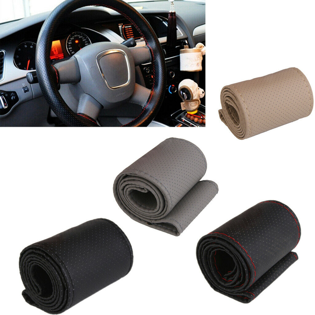 DIY PU Leather Car Steering Wheel Cover Grips Skin Glove Universal Black&Red