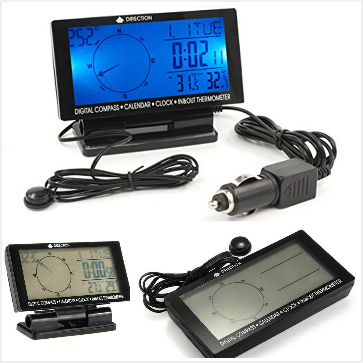 Car Electronic Digital Compass w/ Clock Thermometer Calendar Travel Guide Device