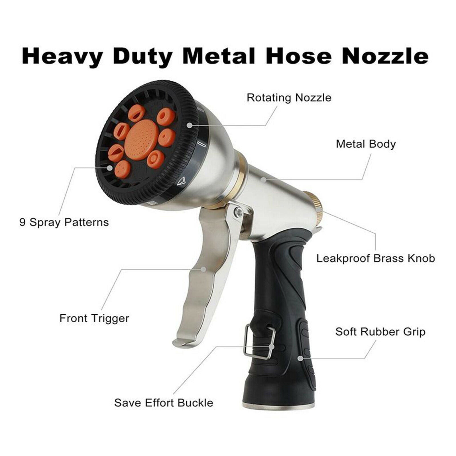 High Pressure Jet Garden Water Hose Spray Nozzle 9 Adjustable Patterns