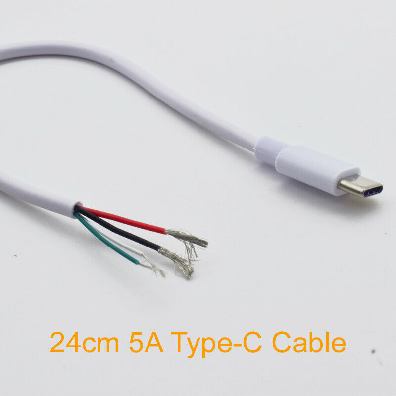 10pcs 20cm 8in USB C Type-C Male Plug 2/4 wires Power Pigtail Cable DIY White 5A