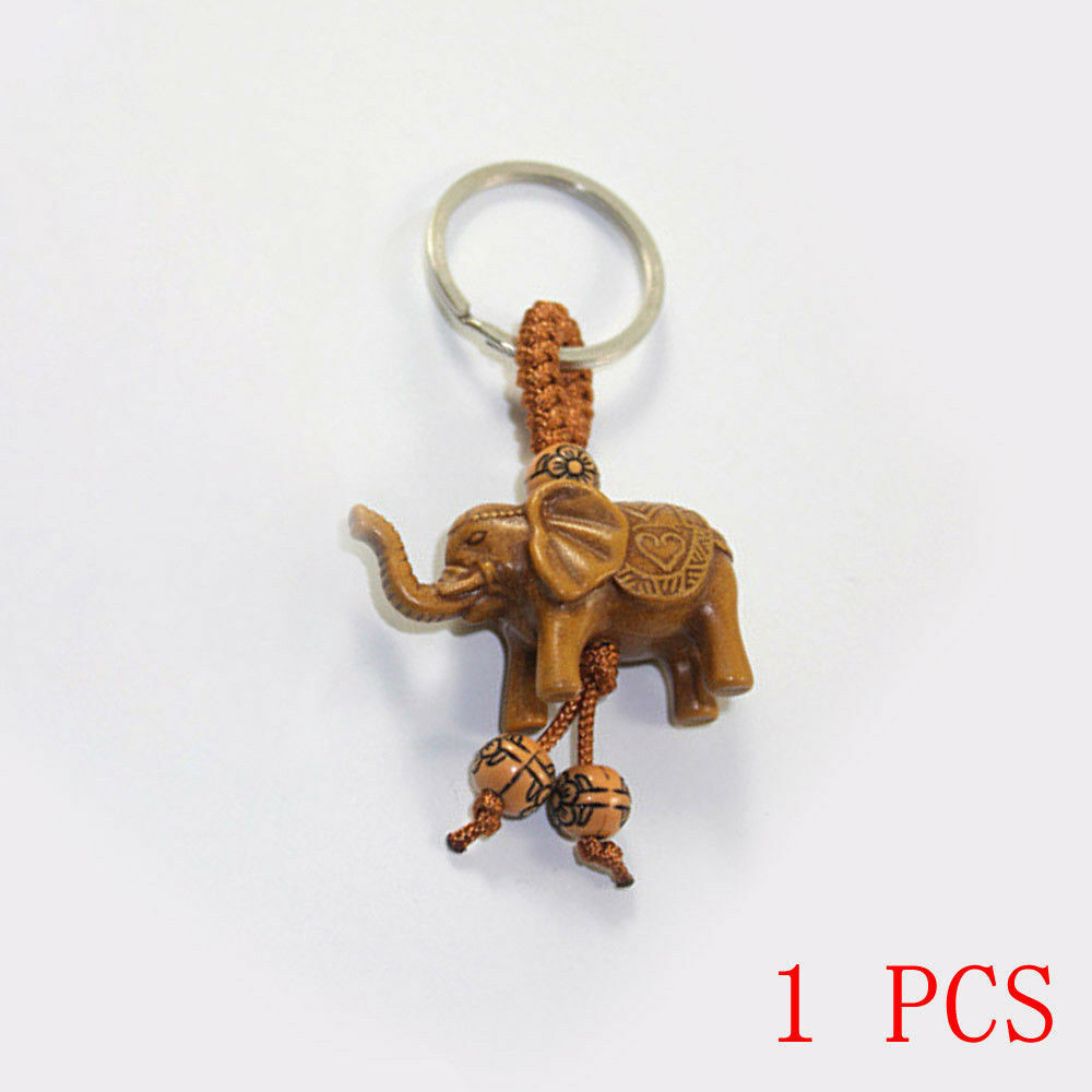 Handmade UNIQUE Lucky Elephant Carving Wooden Pendant Keychain Key Ring Gift