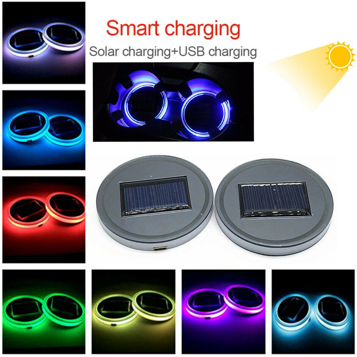 Car Solar Cup Holder Bottom Pad LED Light 7 Colorful Solar charging Decoration