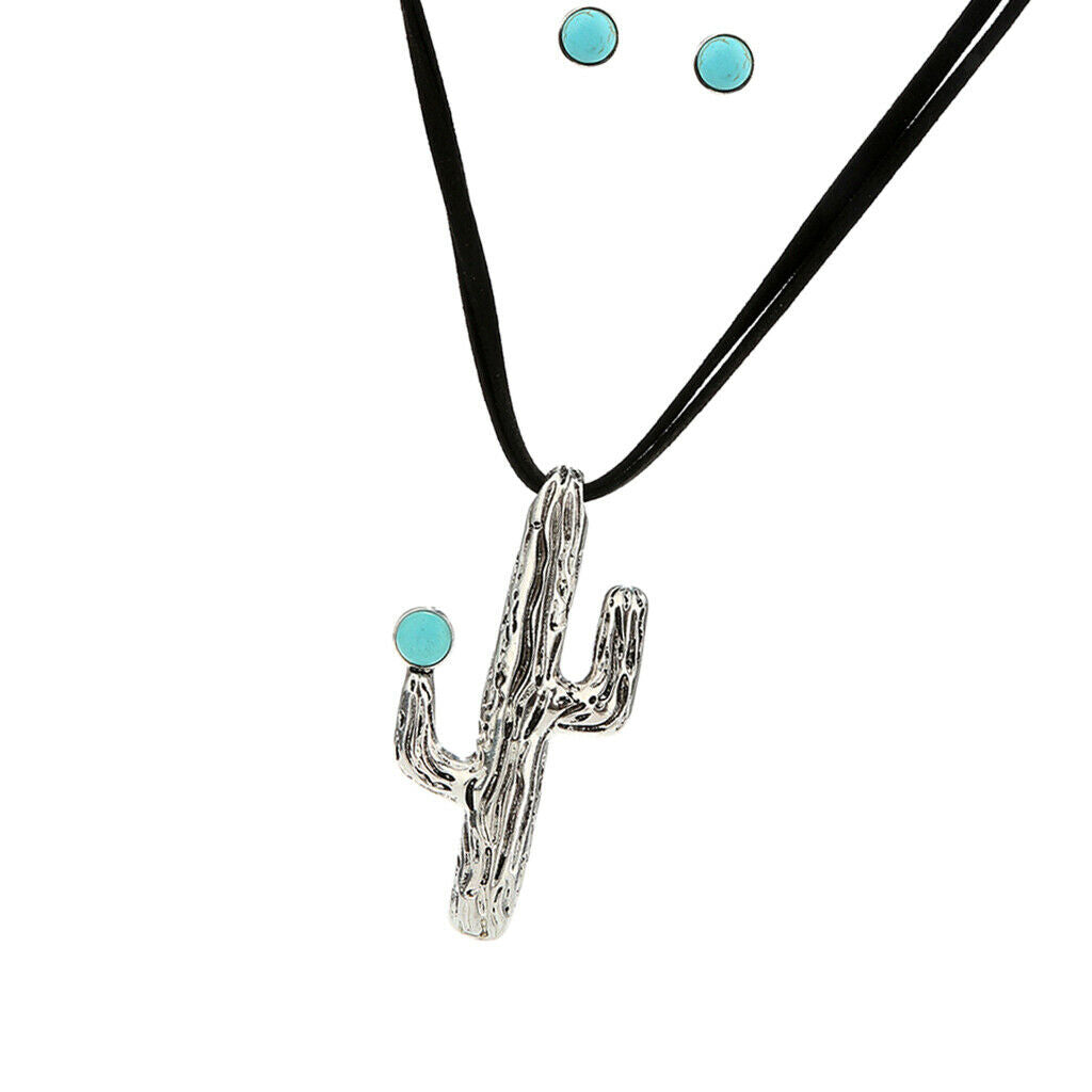 Bohemian Cactus Sweater Necklace Chain with 1 Pair Turquoise Earring Stud
