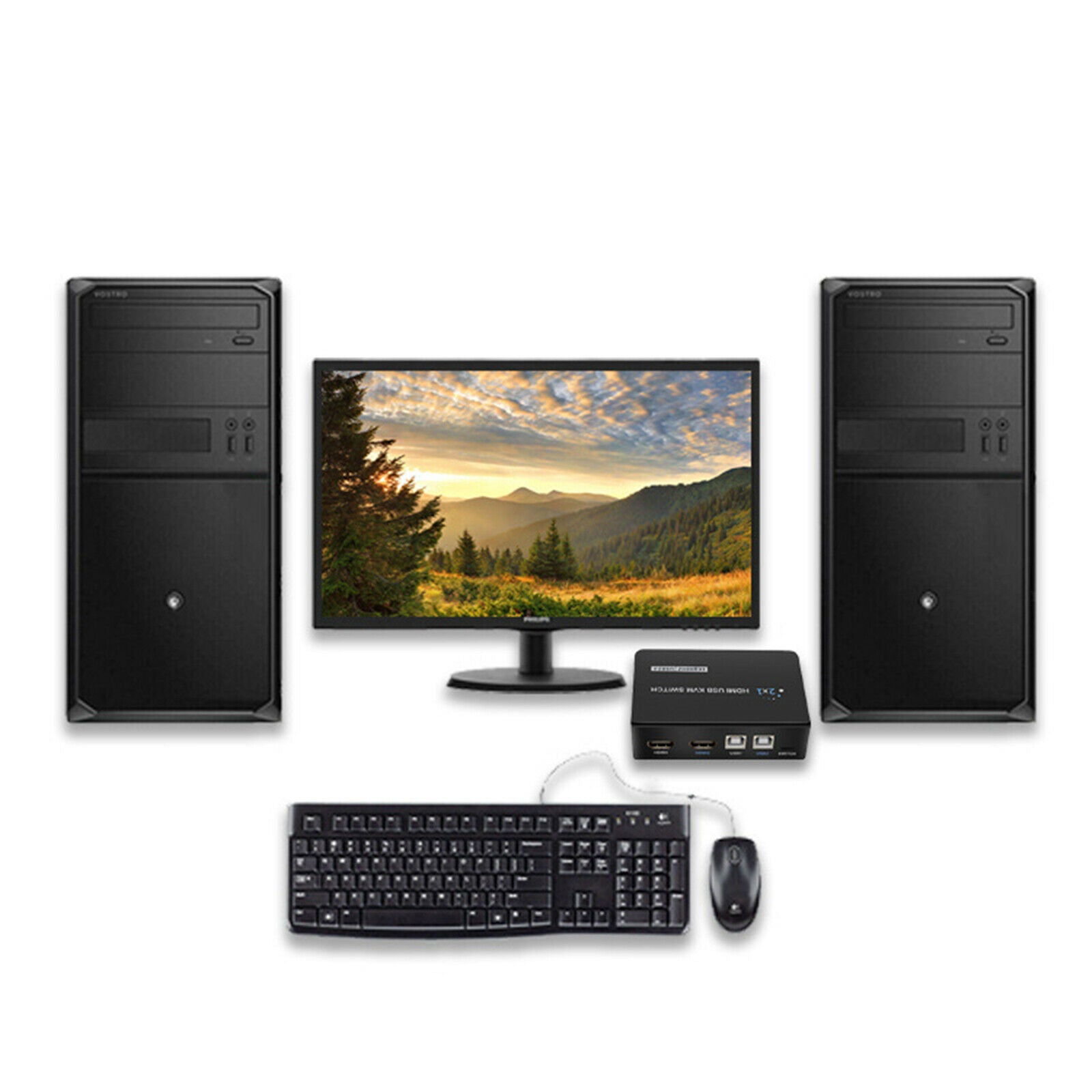2 In 1 Out HDMI KVM Switch 4K@60Hz Sharing 1 Monitor Keyboard Mouse Printer