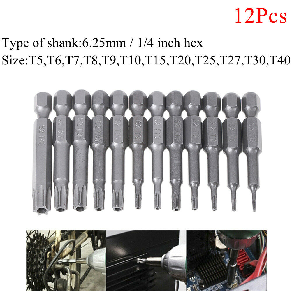 12Pc security bits  torx screwdriver tool set 1/4" hex shank T5-40MEJ t Tt